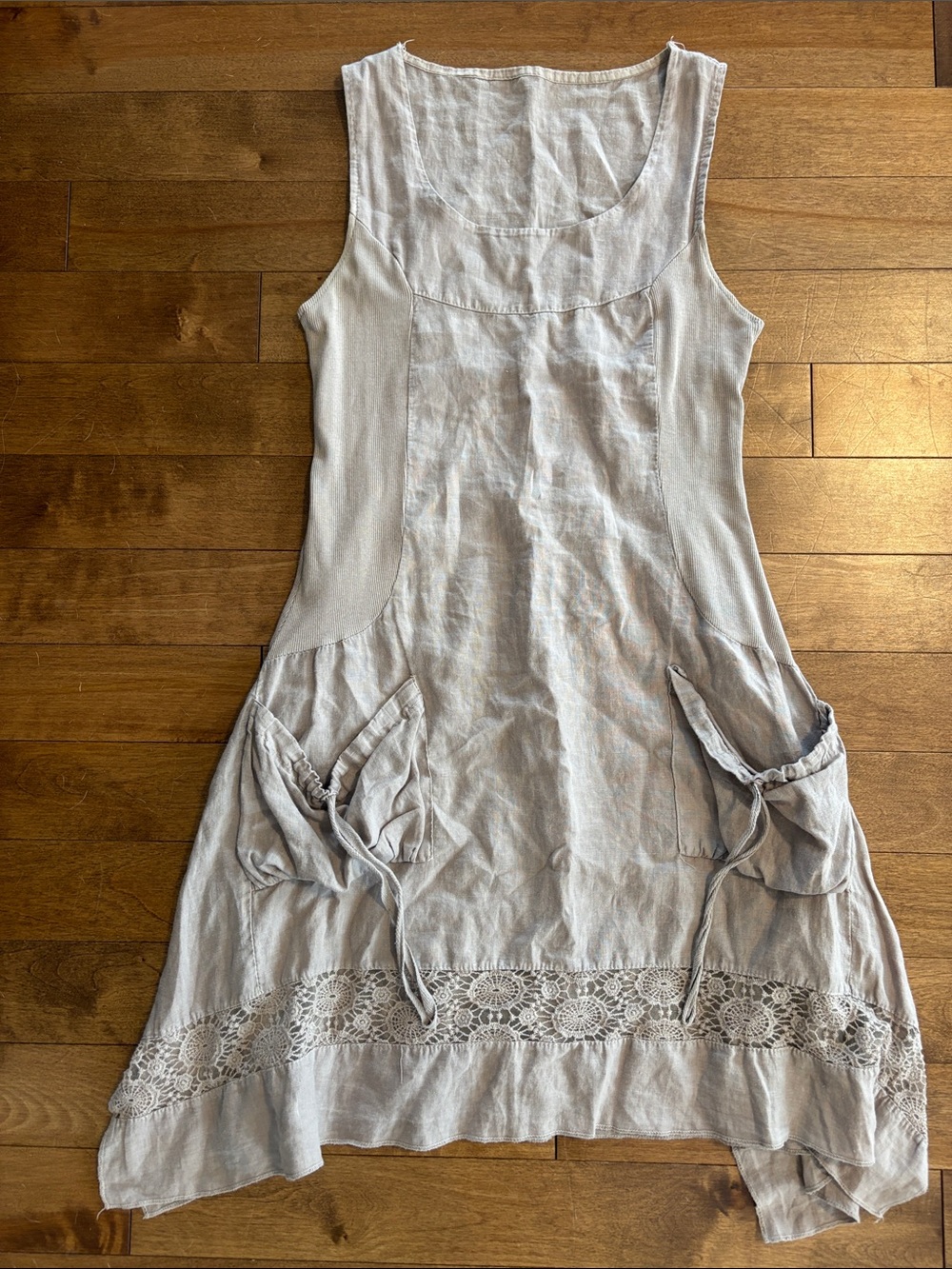 Sleeveless Linen Blend Pocket Dress with Crochet Hem